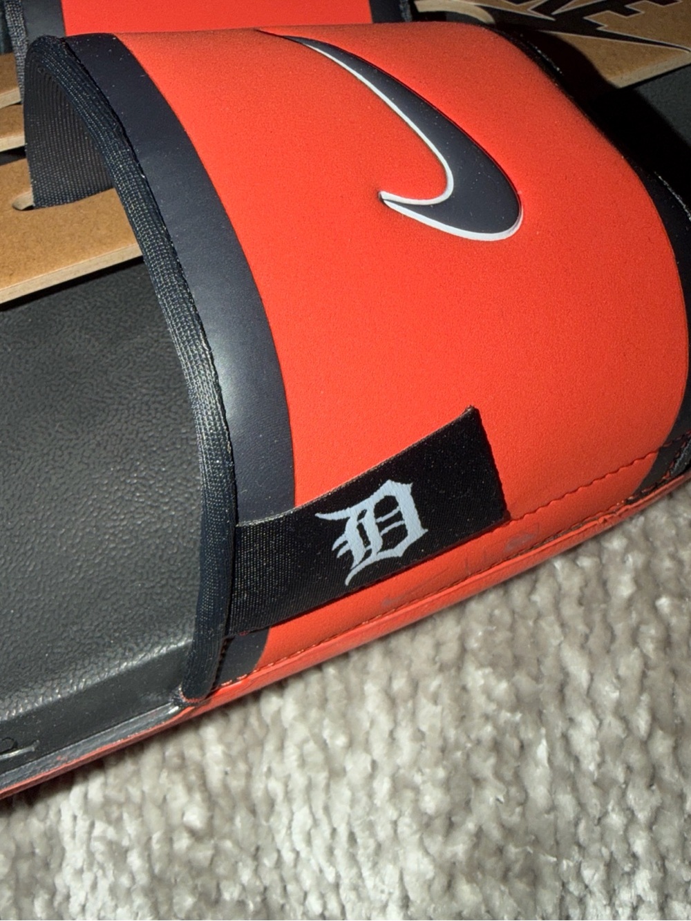 Nike Men’s Orange and Black Slide with Detroit D